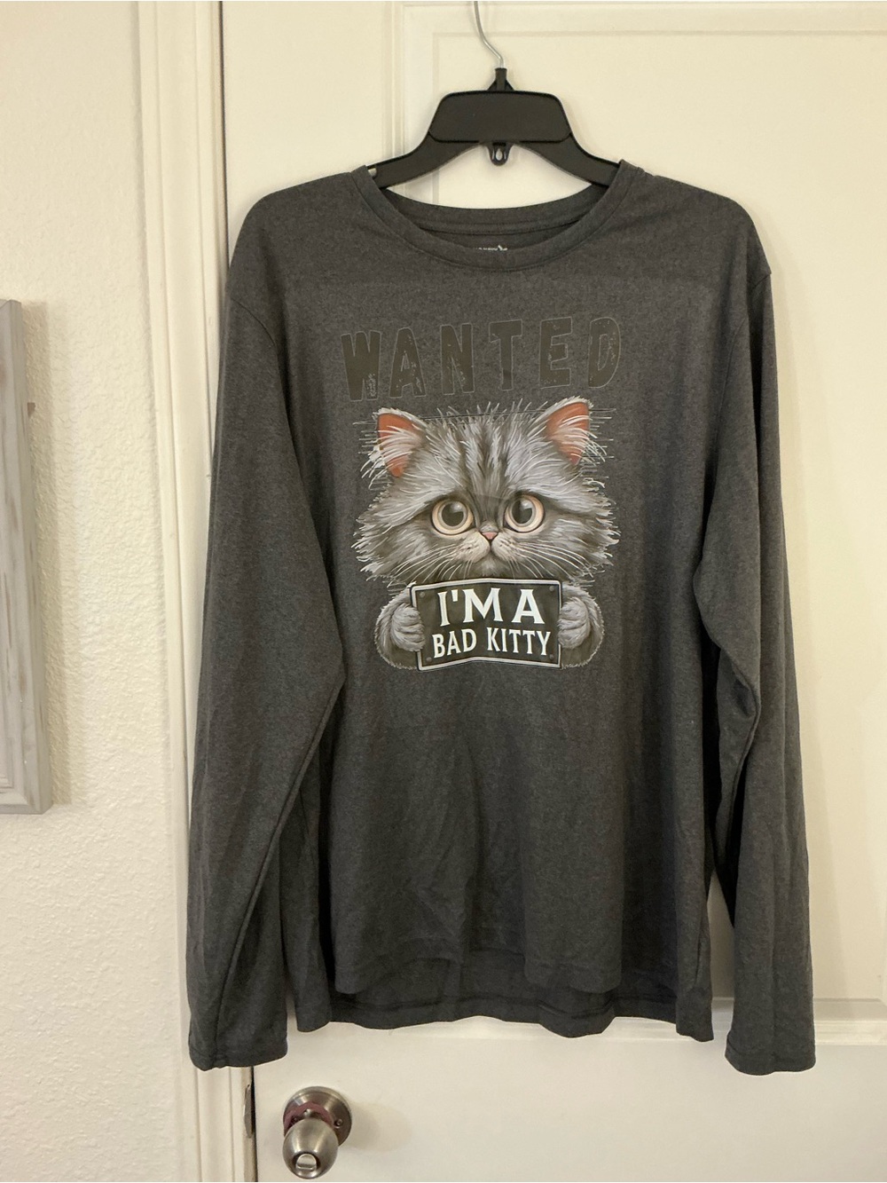 Old Navy Active Core Wanted I'm A Bad Kitty Funny Cat Mugshot Long Sleeve Shirt
